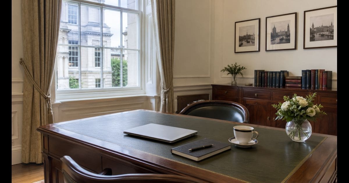 A calm Whitehall office desk with a closed laptop, notebook and a small vase of flowers, soft natural light from a tall sash window, oak floors, composed and institutional