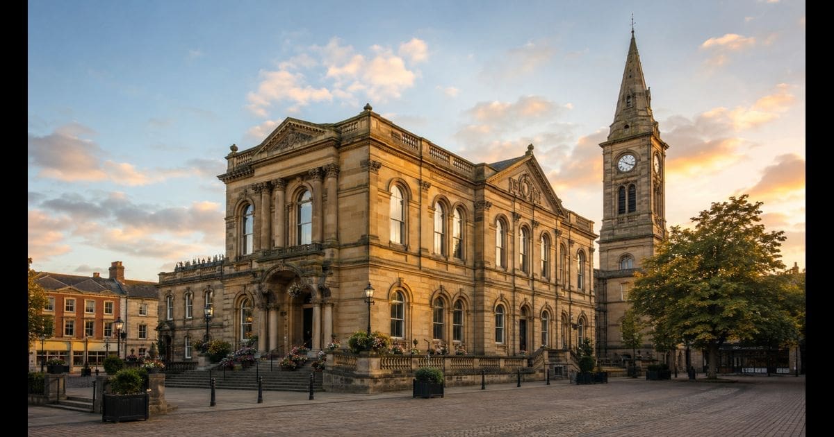 An English Victorian-era town hall exterior with sandstone facade, tall arched windows and a clock tower at golden hour, evoking traditional British civic architecture