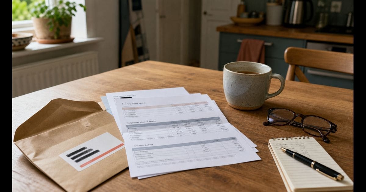 An opened McCloud Remediable Service Statement on a wooden kitchen table next to a mug of tea, reading glasses, and a notepad, illustrating the moment a pension scheme member sits down to read their RSS at home