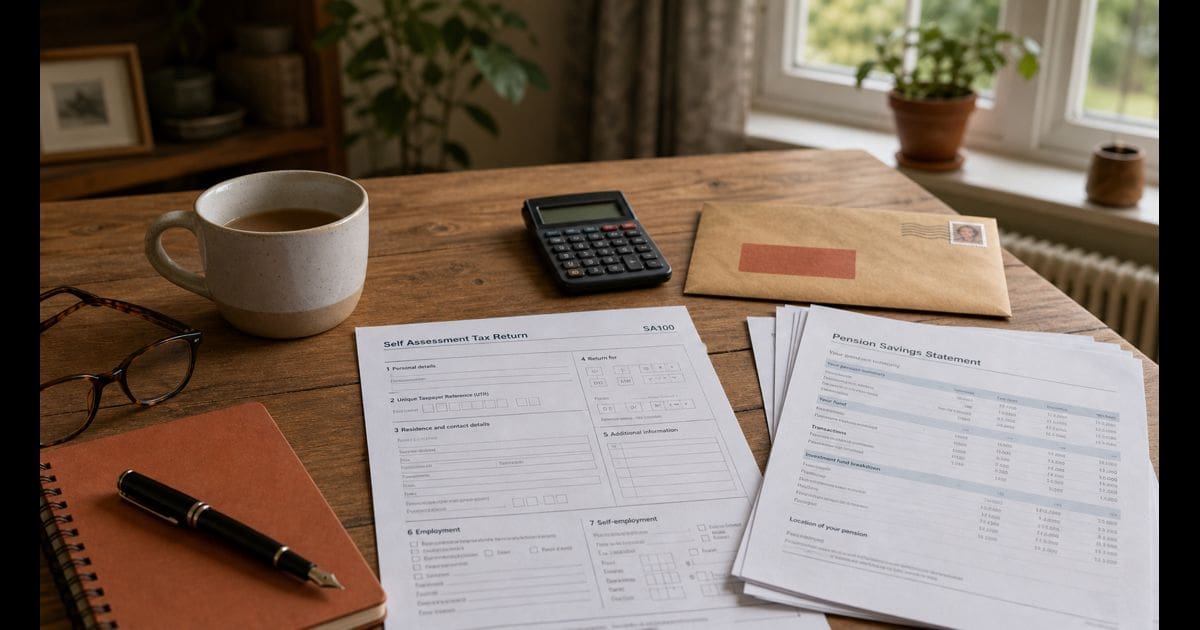 A printed UK self-assessment tax return next to a pension savings statement and a calculator on a wooden desk, illustrating the moment a public-sector pension member reviews the McCloud tax adjustment at home