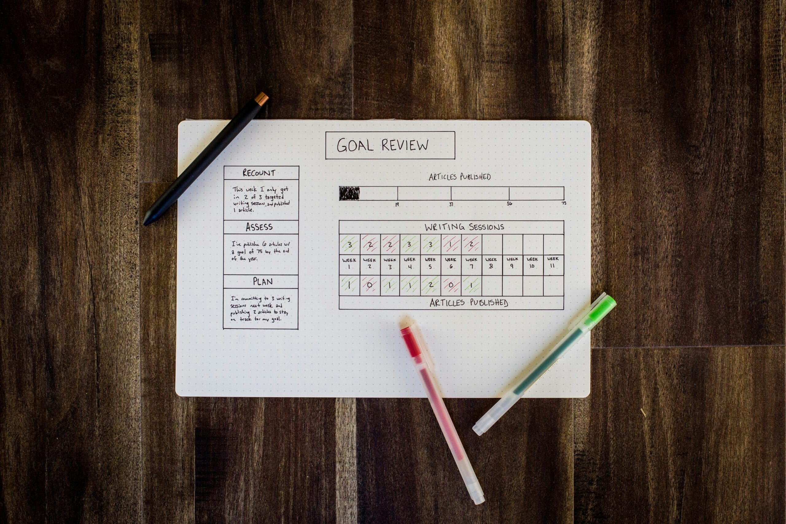 An open notebook on a wooden desk showing a weekly review grid layout, with a pen lying alongside, suggesting tracking and planning