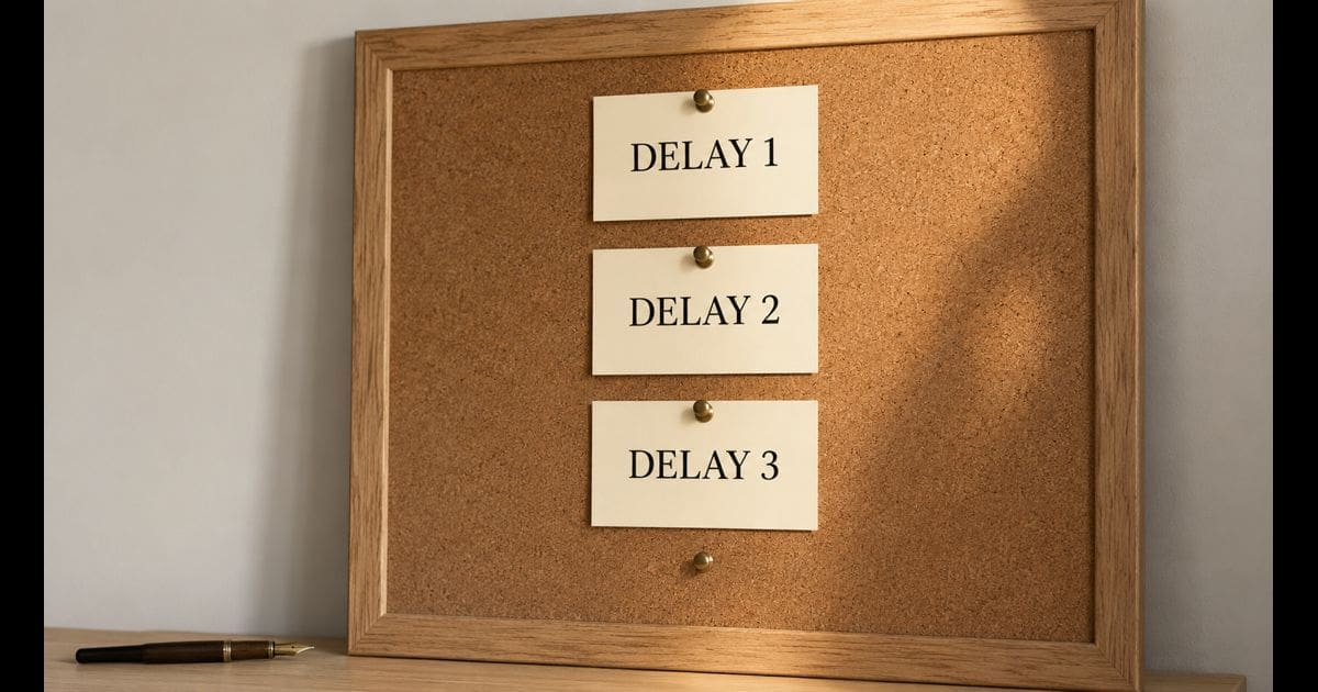 A warm cork pinboard with three small cream index cards reading "DELAY 1", "DELAY 2", "DELAY 3" pinned in a vertical row, with a single empty brass tack below awaiting a fourth card — illustrative image for an article tracking the repeatedly-delayed Teachers Pension Scheme administrator handover from Capita to TCS.