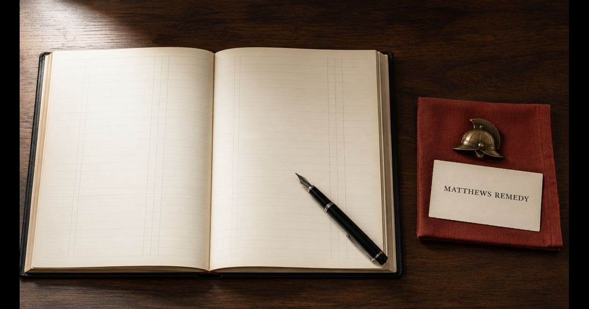 An open leather-bound ledger on a dark walnut desk with blank cream pages, beside a terracotta linen square holding a small antique brass fire-helmet emblem and a card reading "MATTHEWS REMEDY" — illustrative image for an article explaining the Matthews remedy process for retained firefighters.