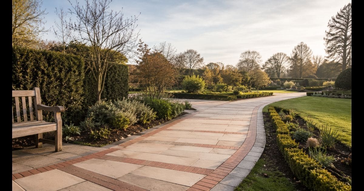 A cream and terracotta tiled path curving through a quiet Victorian public garden in soft morning light — illustrative image for an article explaining the step-by-step route to the Pensions Ombudsman.