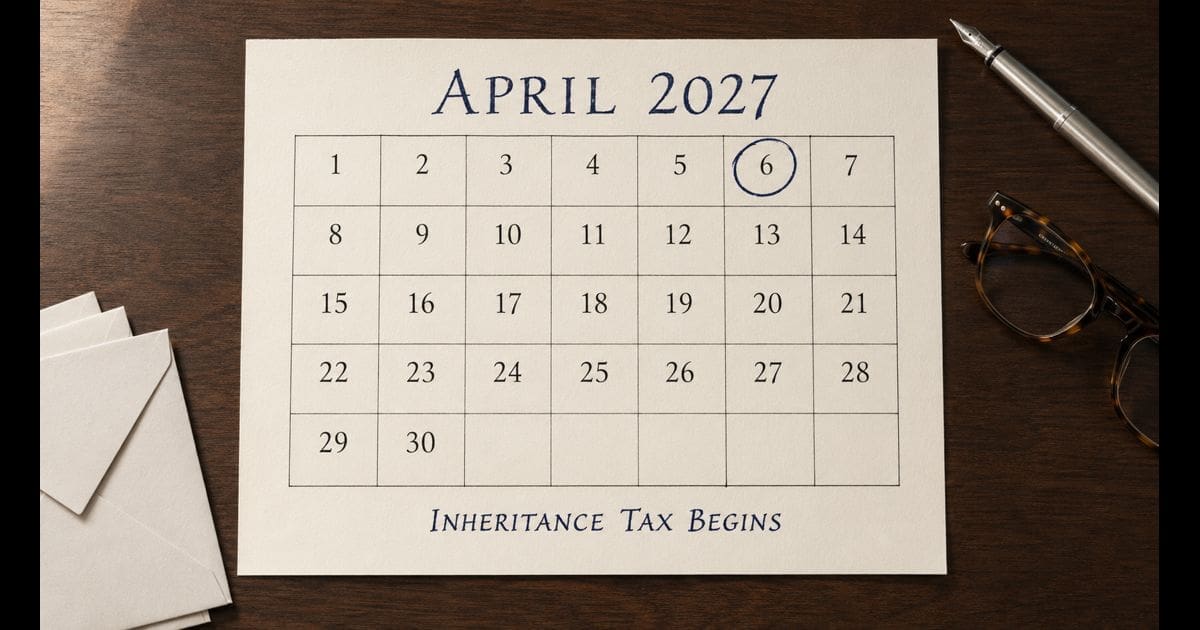 A desk-pad calendar page on a dark walnut desk showing the month "APRIL 2027" with the number "6" circled in deep-navy ink and a hand-written subtitle "INHERITANCE TAX BEGINS" — illustrative image for an article explaining when unused pension pots become subject to Inheritance Tax.