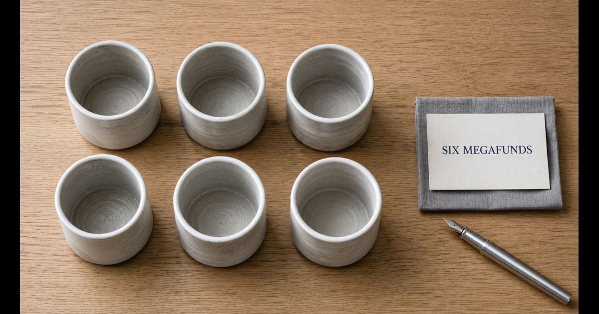 Six identical pale-grey ceramic vessels arranged in two rows of three on a pale oak desk, beside a cream card reading "SIX MEGAFUNDS" — illustrative image for an article explaining the consolidation of the Local Government Pension Scheme into six pooled funds.