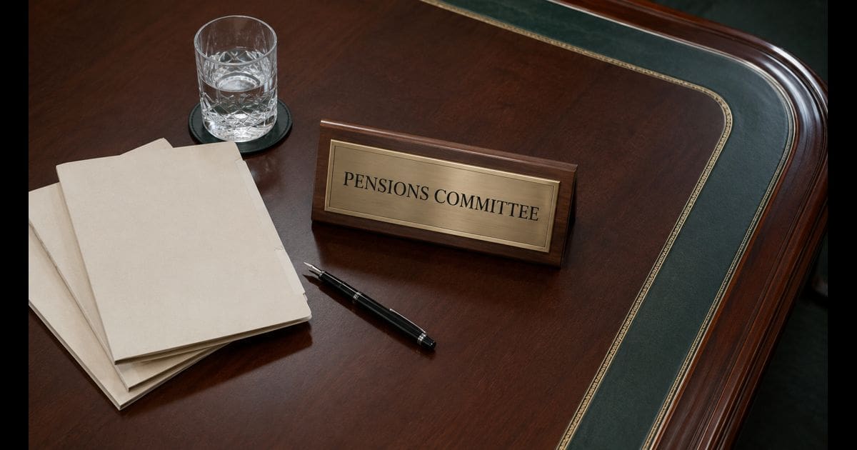 One corner of a polished dark mahogany committee table with three cream folders, a glass of water, a fountain pen and an upright brass-framed placard reading "PENSIONS COMMITTEE" — illustrative image for an article on the role of elected councillors in Local Government Pension Scheme investment decisions.
