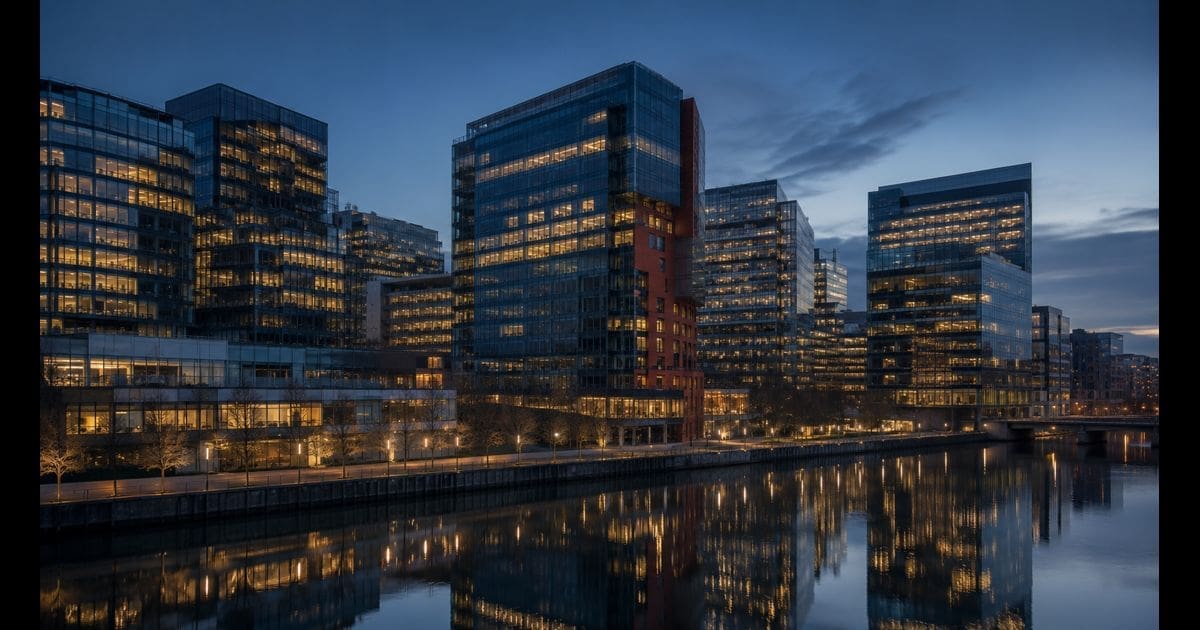 Generic modern City of London office towers at dusk with warm interior lights reflected in still water — illustrative image for an article explaining Local Government Pension Scheme allocations to private credit and non-bank lending.