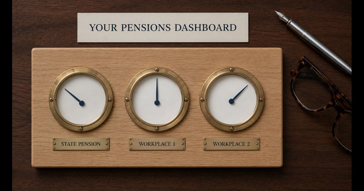 A polished oak instrument panel on a dark walnut desk with three small antique brass-and-glass gauges in a row labelled "STATE PENSION", "WORKPLACE 1", "WORKPLACE 2" beneath a title "YOUR PENSIONS DASHBOARD" — illustrative image for an article explaining the UK Pensions Dashboard service.