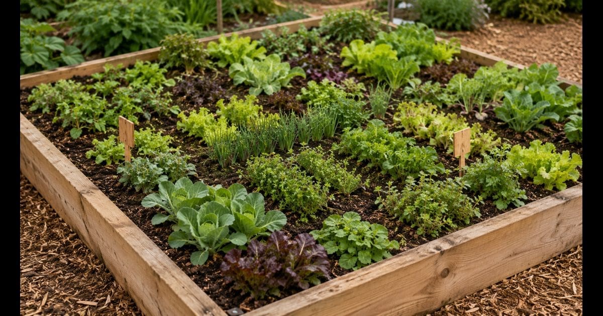 Overhead view of a well-tended raised garden bed with many small plants growing together in shared soil — illustrative image for an article explaining Collective Defined Contribution pensions.