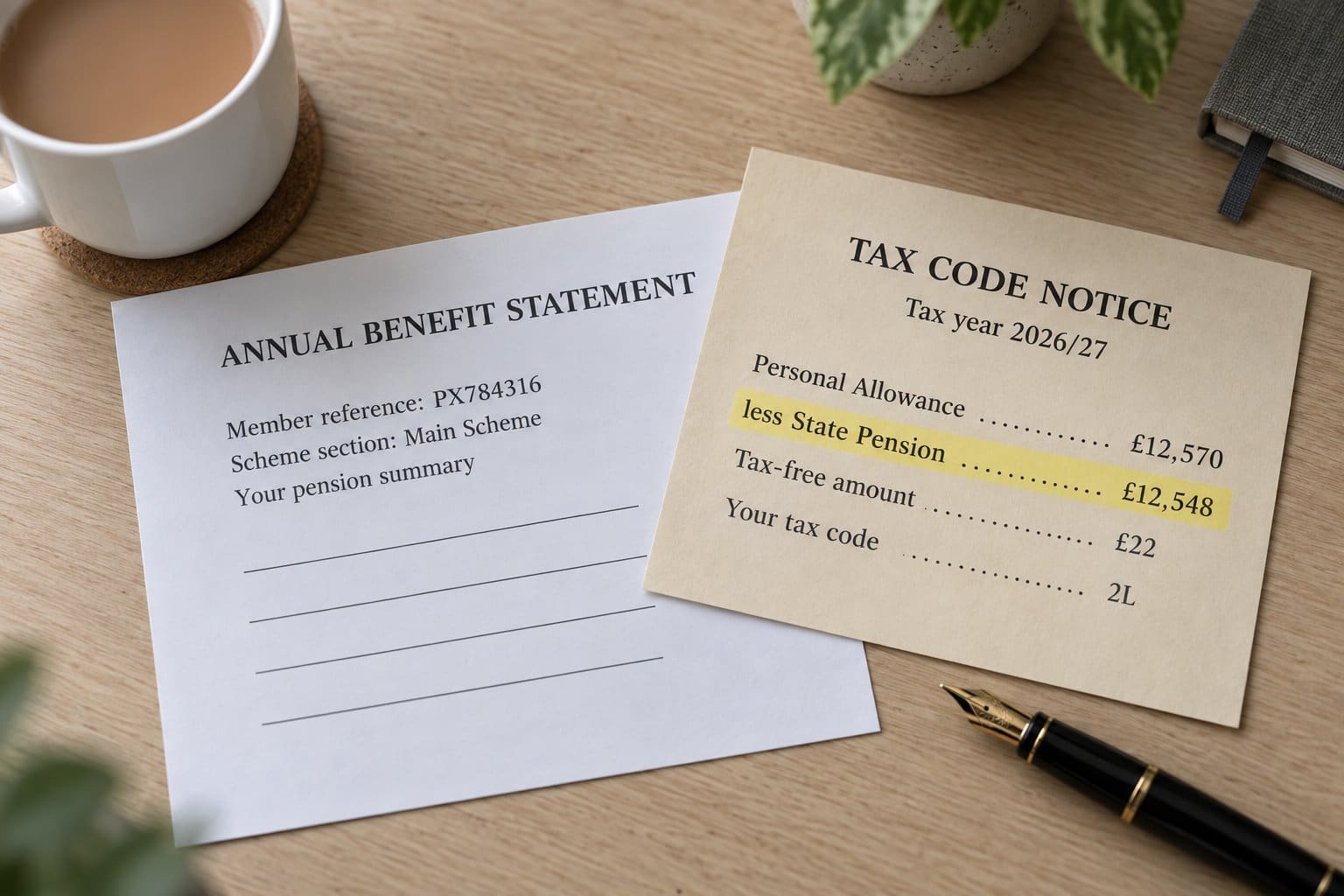 A PAYE tax code notice showing the State Pension deducted from the personal allowance, leaving £22 tax free, beside an annual pension benefit statement
