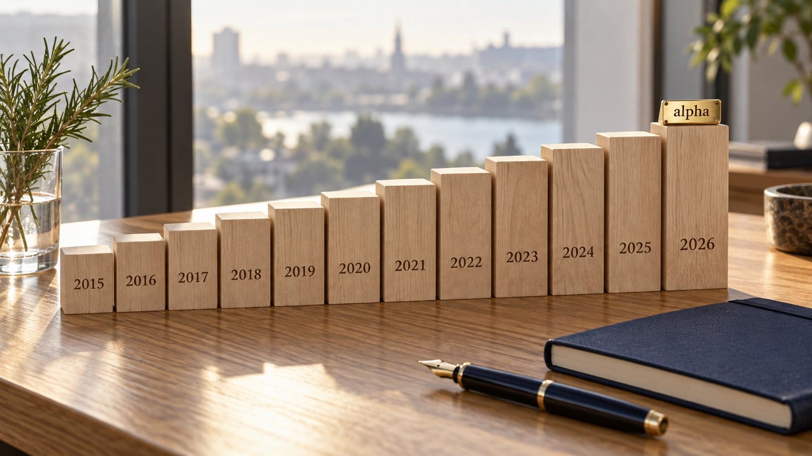 Twelve wooden blocks on an oak desk rising in height from 2015 to 2026, with a brass plaque reading alpha on the tallest, beside a fountain pen and navy notebook