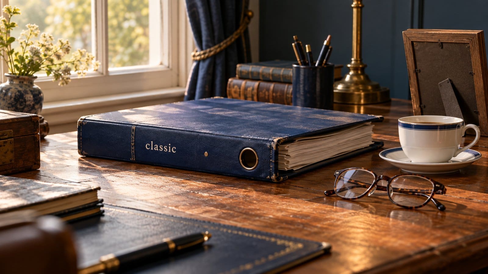 Navy leather ring binder labelled classic on a polished wooden desk, with reading glasses, a cup of tea and old books by a sunlit window