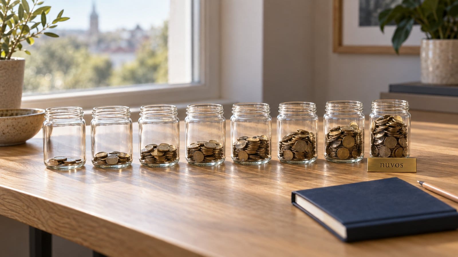Eight glass jars on an oak desk, each holding more coins than the last, with a brass plaque reading nuvos and a navy notebook