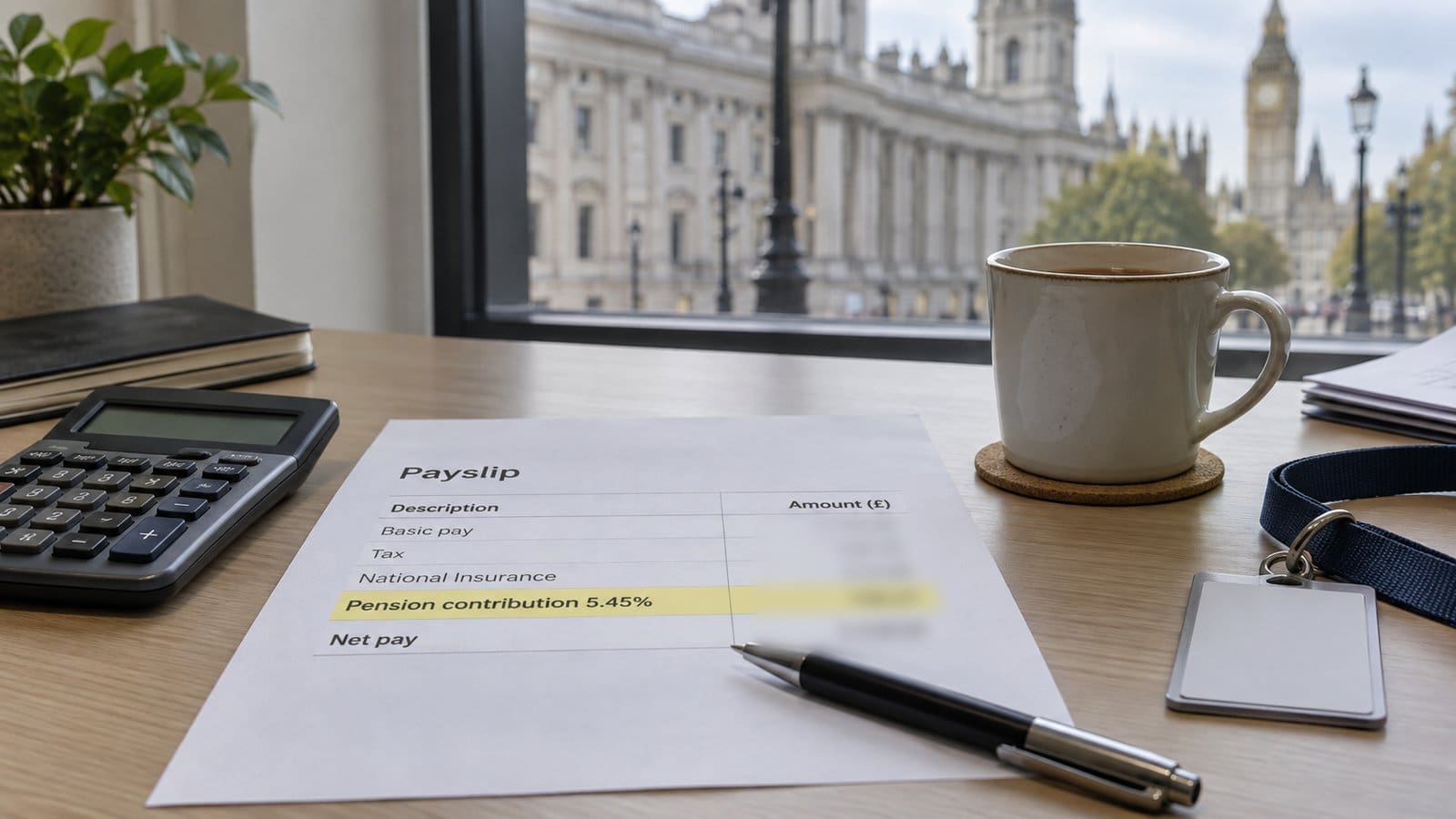 A printed payslip on an office desk with the line Pension contribution 5.45% highlighted, beside a calculator, a mug of tea and a lanyard, with Whitehall and Big Ben through the window