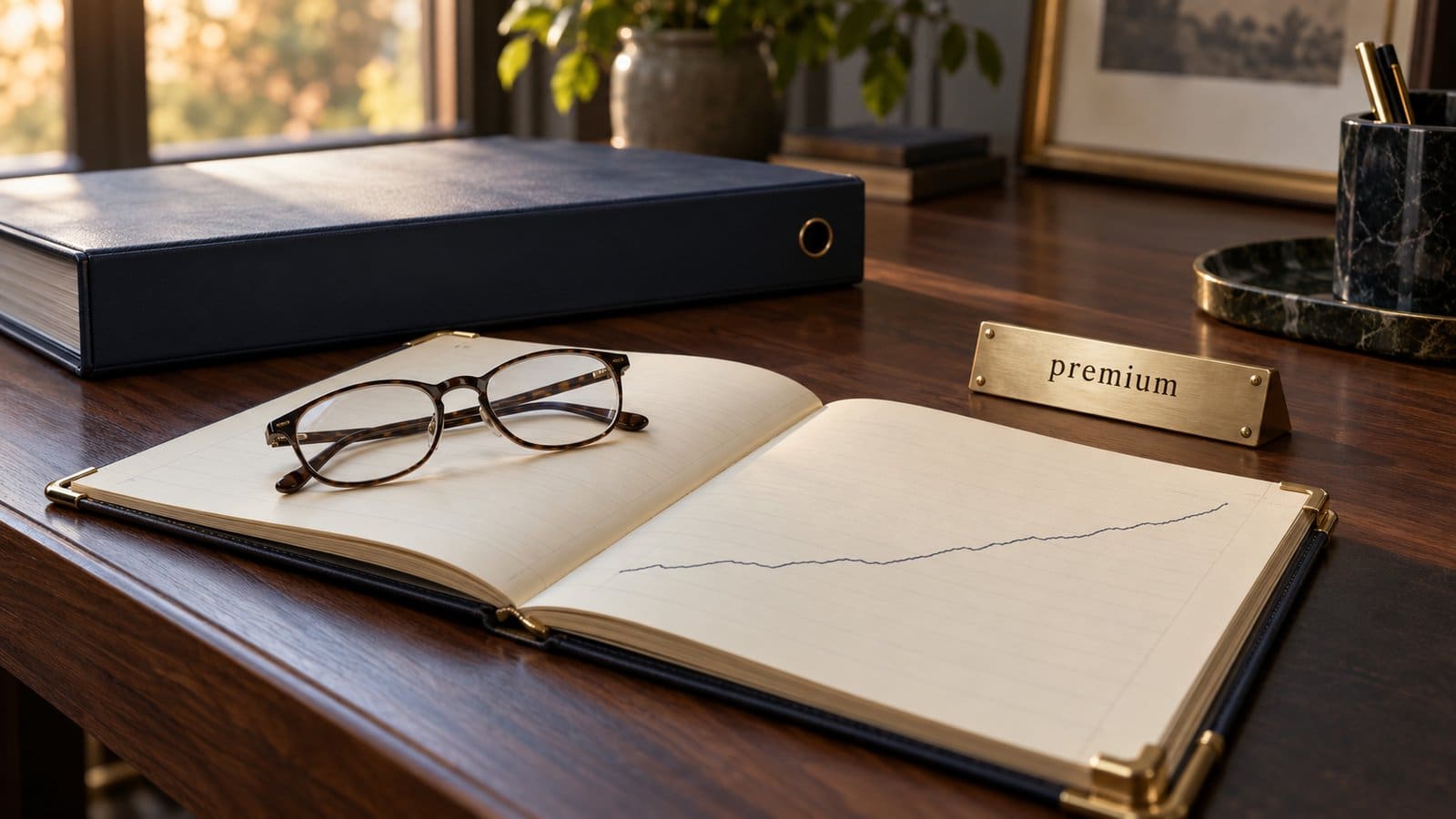 An open ledger with a gently rising line and reading glasses on a walnut desk, beside a navy binder and a brass plaque reading premium