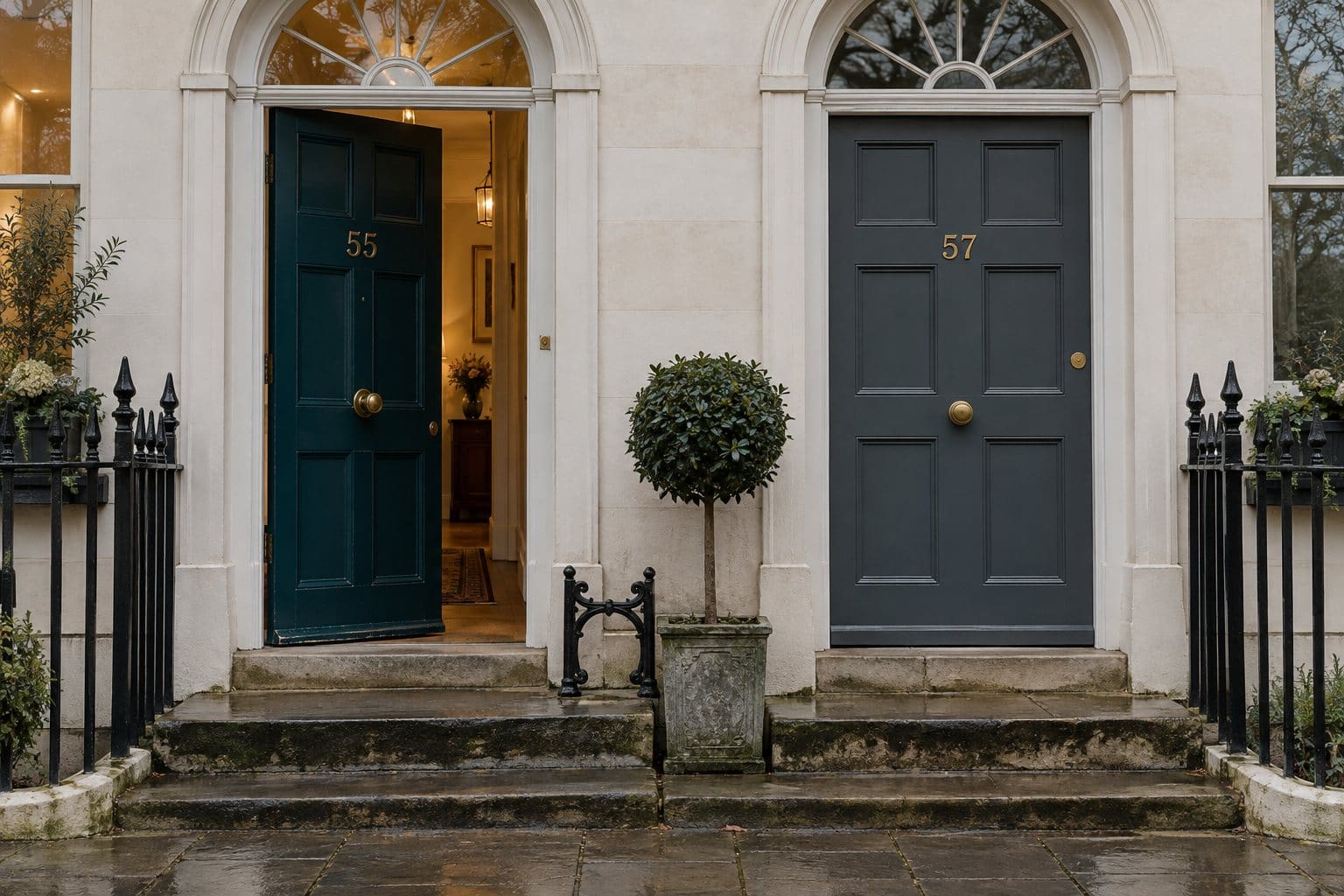 Two Georgian front doors side by side: number 55 painted teal and standing open, number 57 painted grey and closed