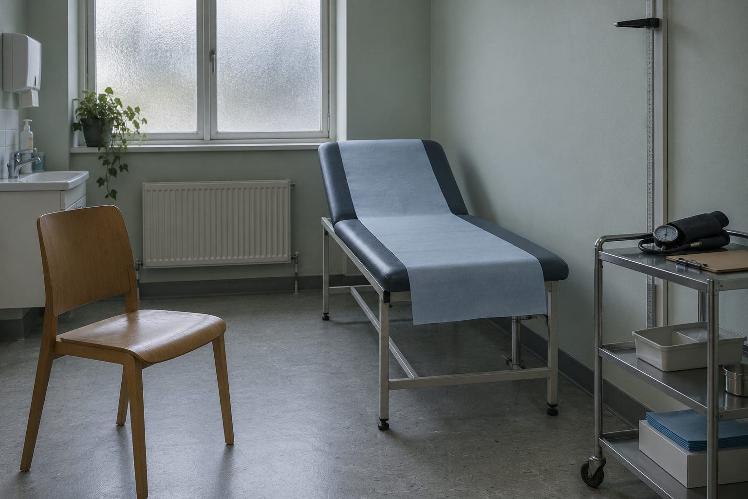 An empty occupational health examination room with an examination couch, an unoccupied wooden chair and a blood pressure cuff on a trolley, in soft daylight through a frosted window