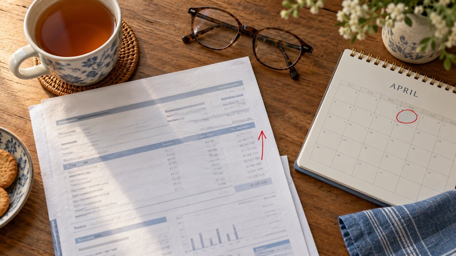 Payslip on a kitchen table with a red upward arrow beside the figures, next to an April calendar with a date circled in red, a cup of tea and reading glasses