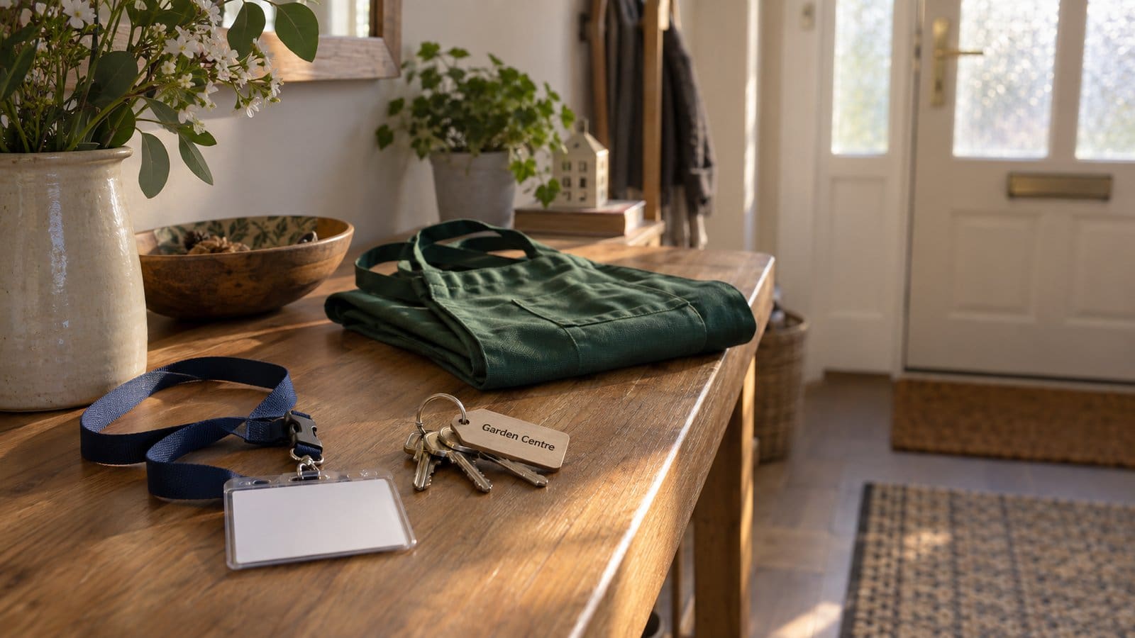 A teacher's lanyard with a blank ID card beside a set of keys tagged Garden Centre and a folded green apron on a hallway table