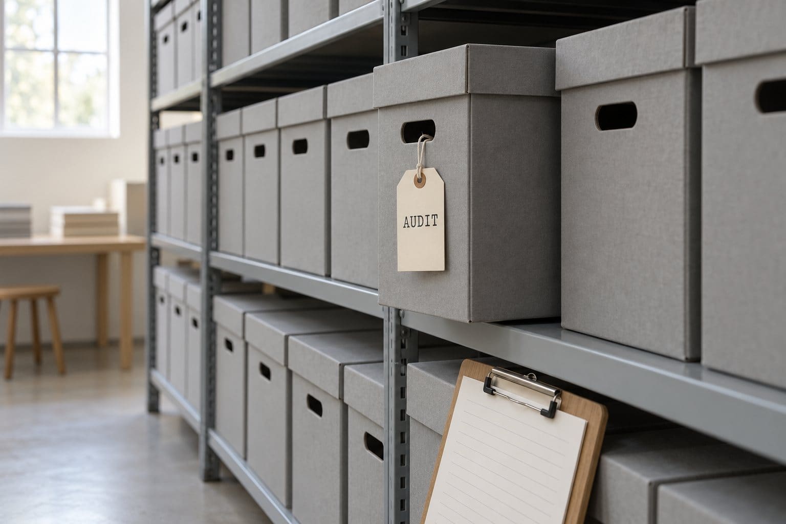 Grey archive boxes on steel shelving, one pulled forward with a paper tag stamped AUDIT, and a clipboard leaning on the shelf below.